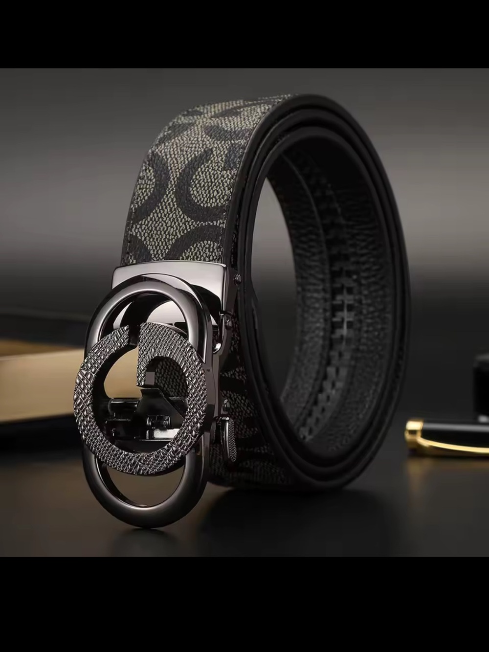 Mens Black Patterned canvas leather Belt with Decorative Gunmetal Buckle
